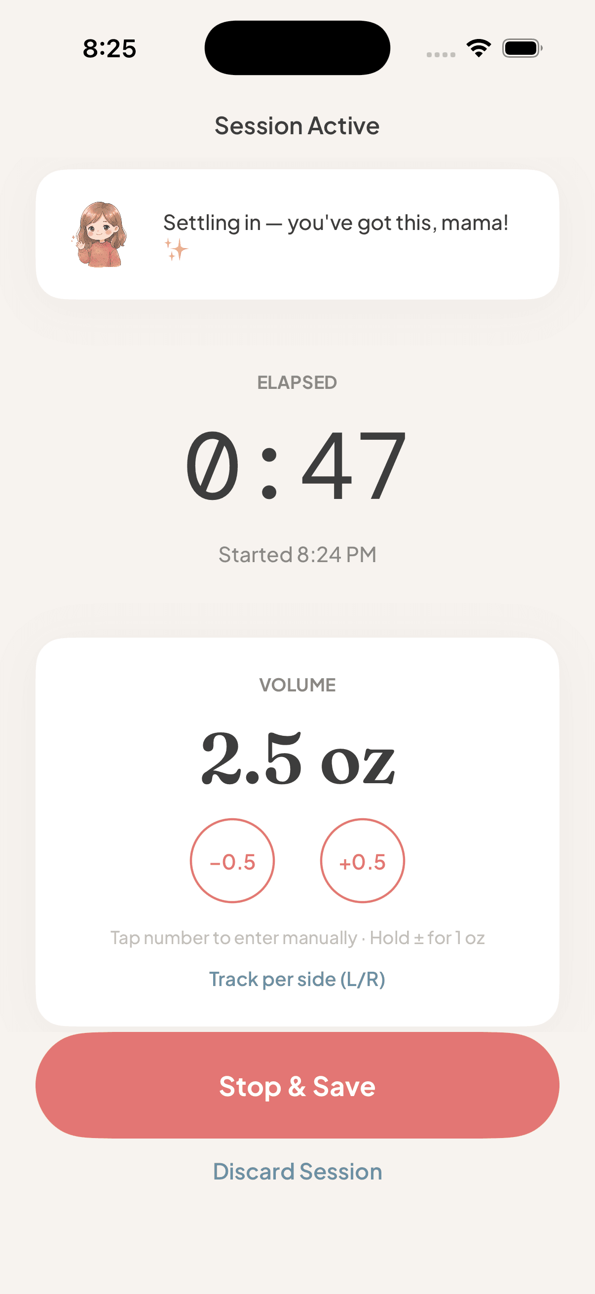 MommyRon active pump session screen with a countdown to the next wake-through-silent alarm
