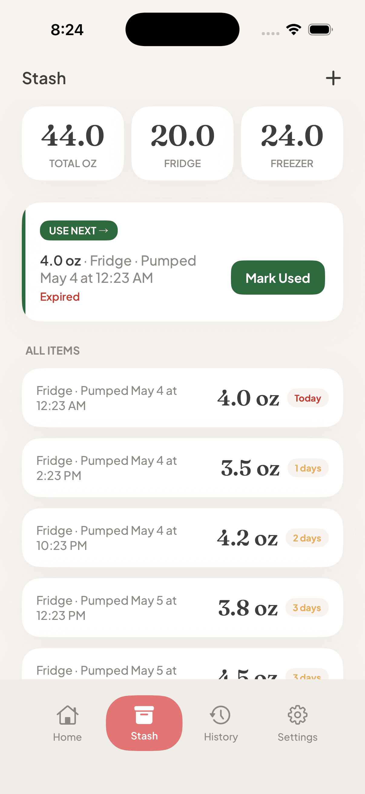 MommyRon stash tracker showing fridge total, freezer total, and an upcoming expiry warning
